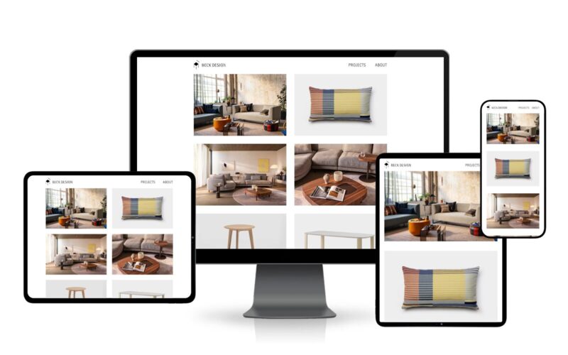 Website beck-design.eu auf Monitor, Tablets und Smartphone: Projektübersicht mit Fotos von Sofas und Tischen