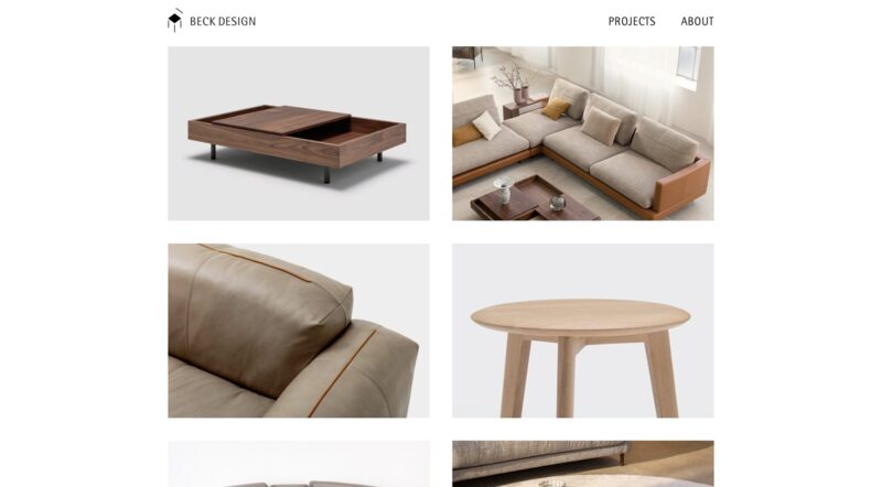 Projektübersicht von beck-design.eu im Browser mit Fotos von Couchtisch, Ecksofa, Ledersofa und Beistelltisch