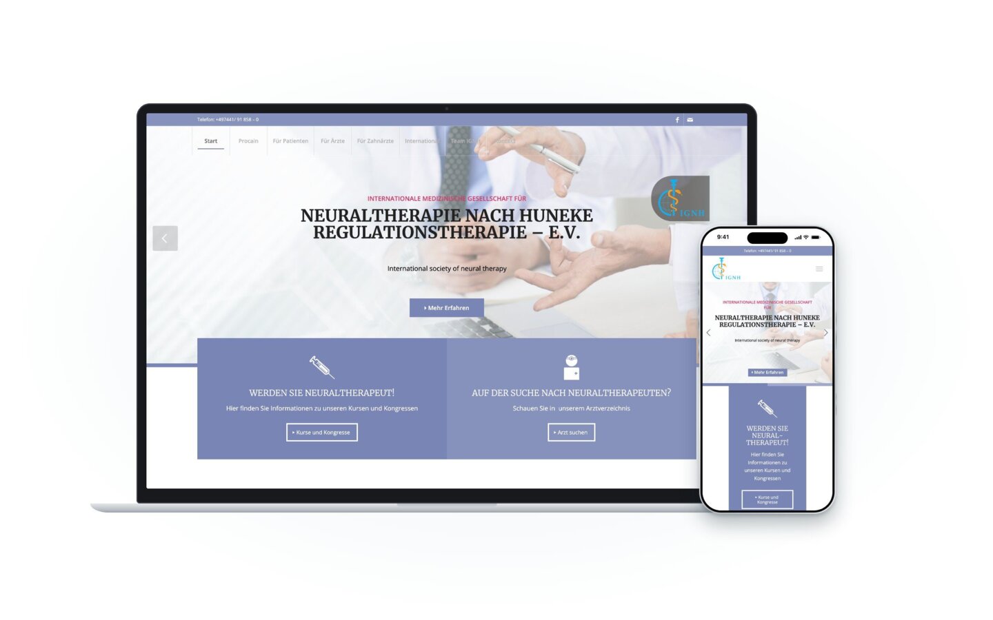 Website der Internationalen Medizinischen Gesellschaft für Neuraltherapie nach Huneke (IGNH) auf Laptop und Smartphone