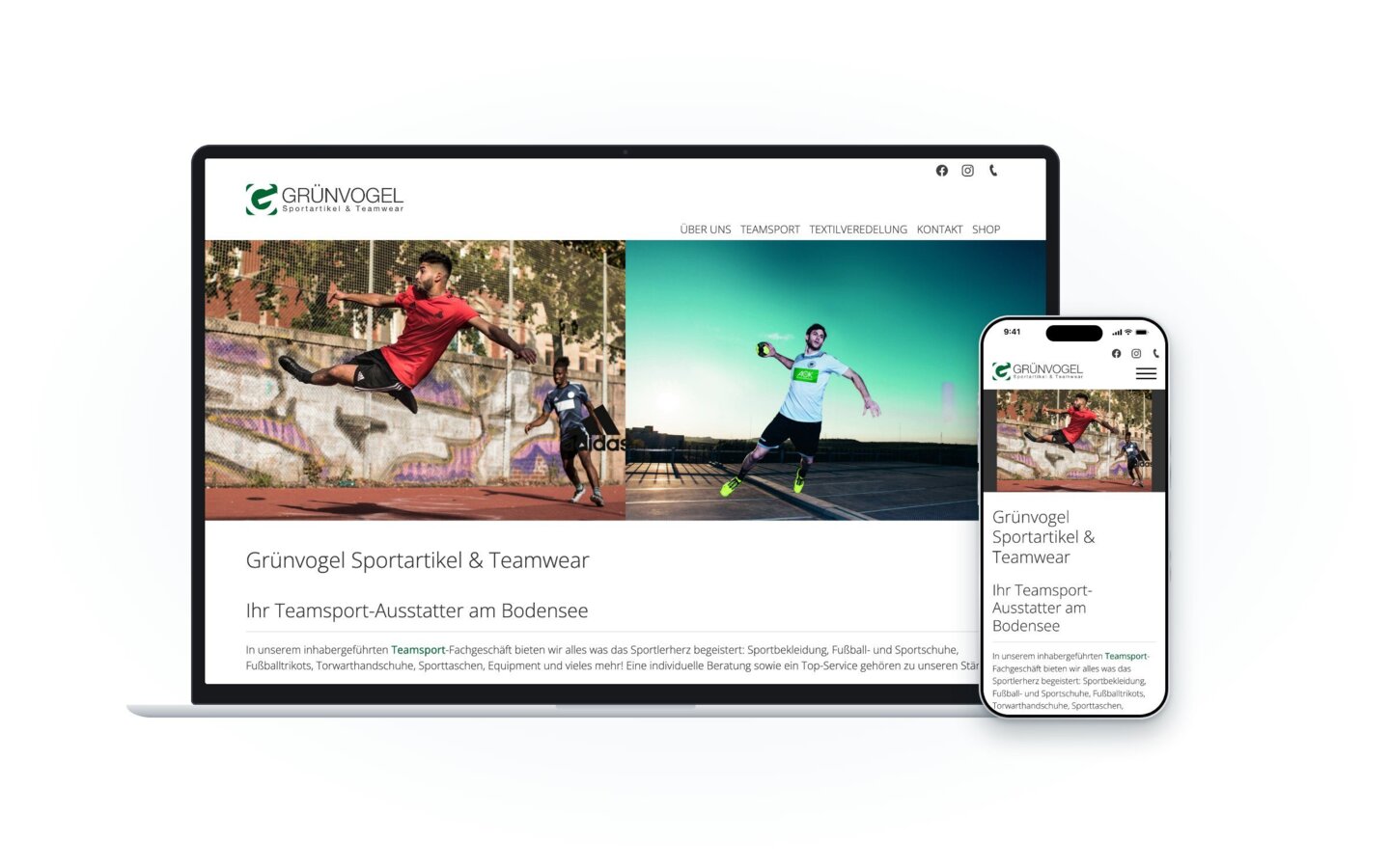 Website von Grünvogel Sportartikel & Teamwear auf Laptop und Smartphone