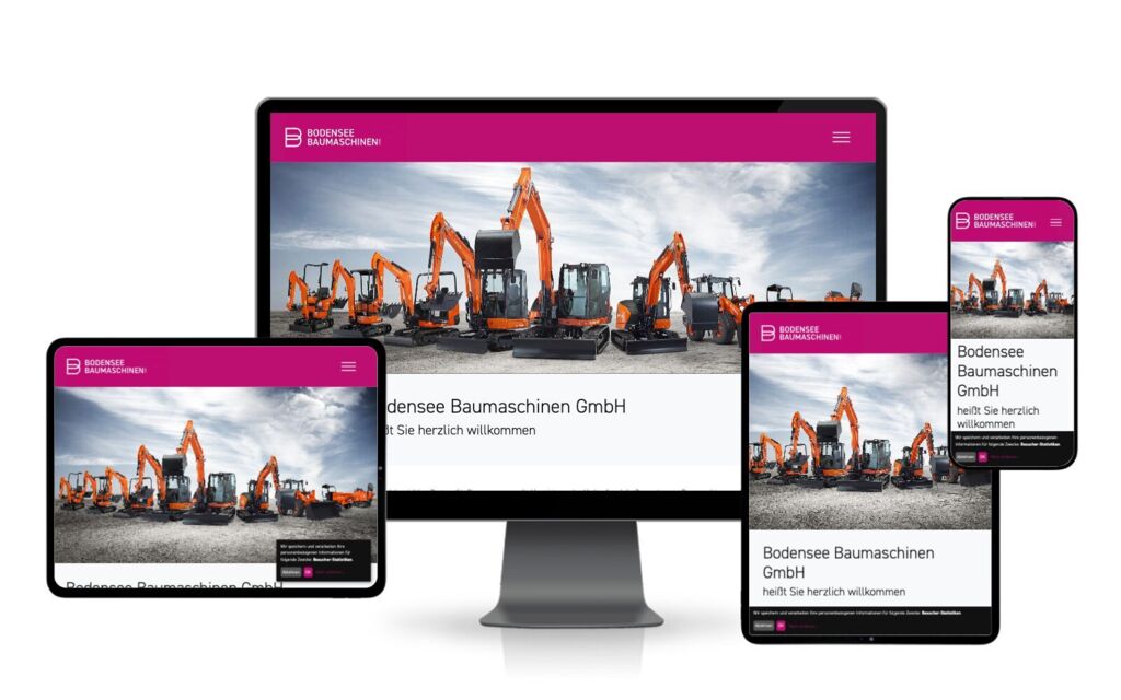 Website von Bodensee Baumaschinen auf Monitor, Tablets und Smartphone: magentafarbene Kopfzeile und orangefarbene Bagger