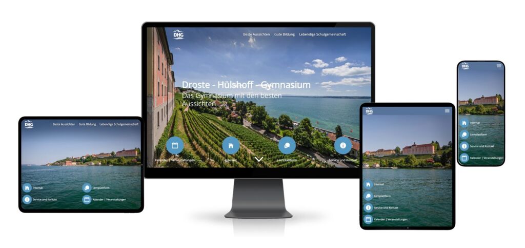 Website des Droste-Hülshoff-Gymnasiums auf Monitor, Tablets und Smartphone: Blick auf den Bodensee und Schnellzugriffe