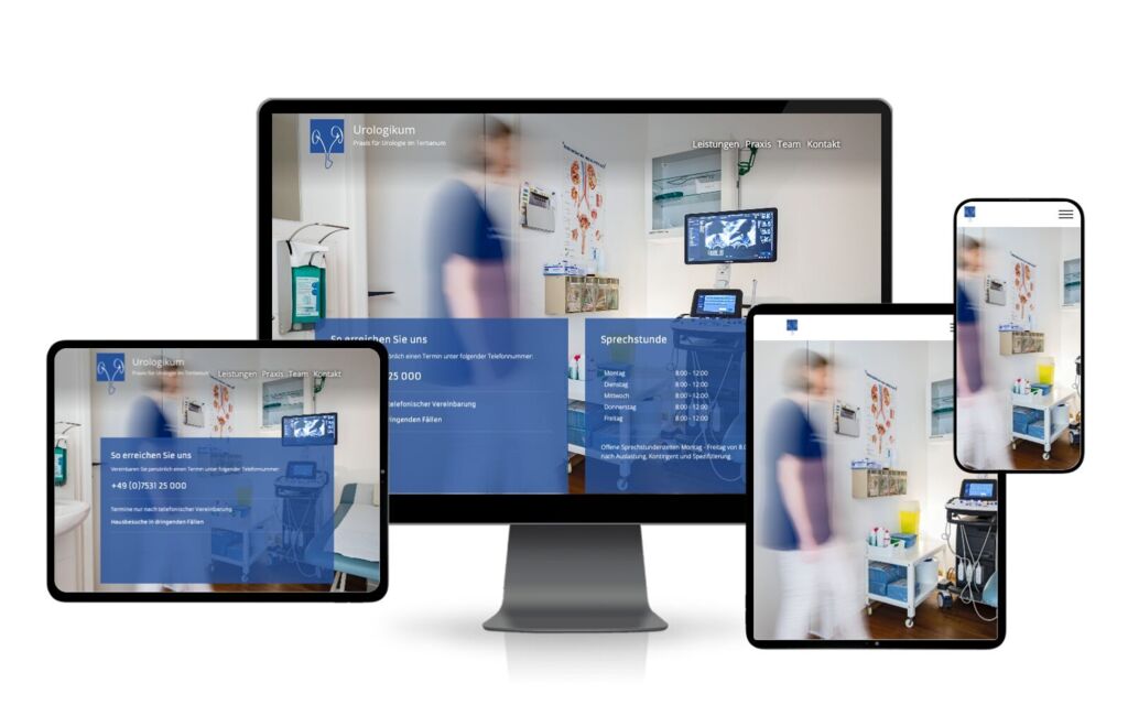 Website des Urologikums auf Monitor, Tablets und Smartphone: Behandlungsraum und blaue Kästen mit Telefonnummer und Sprechzeiten
